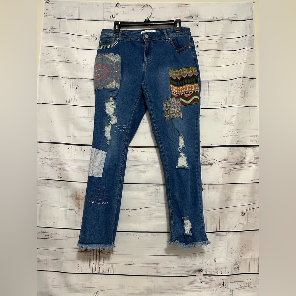 Cato | Women's Patch Distressed Mid Rise Jeans Size 12